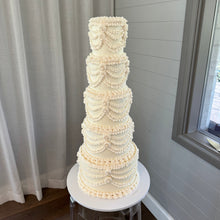 Load image into Gallery viewer, Decorative white 5-tier wedding cake with vintage piping