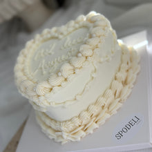 Load image into Gallery viewer, 6 inch heart shaped gender reveal cake with piped buttercream sides