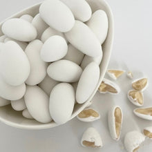 Load image into Gallery viewer, Sugared almond wedding bonbonniere with five traditional confetti almonds, presented in a sheer organza bag tied with a satin ribbon