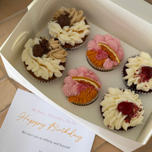 Load image into Gallery viewer, Assorted cupcakes with pink, caramel and chocolate buttercream in white gift box, birthday cupcake gift