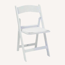 Load image into Gallery viewer, White folding chair with a cushion on a gray background