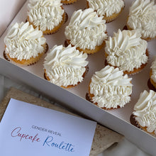 Load image into Gallery viewer, Box of six gender reveal cupcakes with vanilla buttercream icing