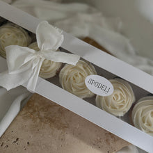 Load image into Gallery viewer, Packaged gender reveal cupcakes box with ribbon and spodeli logo, ready for gifting