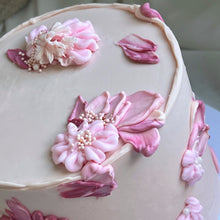Load image into Gallery viewer, Palette knife floral cake with pink buttercream flowers in a custom colour palette