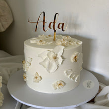 Load image into Gallery viewer, palette knife floral cake with gold cake topper and old edible embellishments
