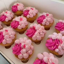 Load image into Gallery viewer, Strawberry cupcakes topped with pink vanilla buttercream swirls in white bakery box