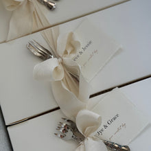 Load image into Gallery viewer, Personalised wedding tasting box details with vintage silver forks, ribbon styling and custom couple name cards by Spodeli