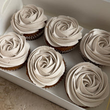 Load image into Gallery viewer, Box of standard swirl cupcakes with white chocolate truffle buttercream in custom event colours by Spodeli Newcastle