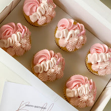 Load image into Gallery viewer, Box of Pretty in Pink strawberry cupcakes with vanilla buttercream in Spodeli gift box