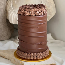 Load image into Gallery viewer, Tall chocolate lovers cake with smooth chocolate ganache finish and piped chocolate detailing
