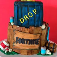 close up of a sculpted Fortnite supply drop cake highlighting hand-painted wood grain texture by Spodeli 