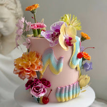 Load image into Gallery viewer, Tall garden floral cake with seasonal flowers for weddings and celebrations
