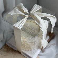 Load image into Gallery viewer, Heart shaped gender reveal cake presented in clear gift box with ribbon
