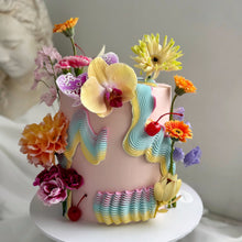 Load image into Gallery viewer, Extended height pink garden floral cake with fresh flowers by Spodeli Newcastle
