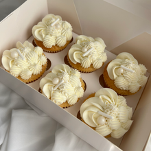 Load image into Gallery viewer, Box of LUXE white on white cupcakes with piped white chocolate frosting by Spodeli Newcastle
