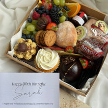 Load image into Gallery viewer, Morning tea catering box with cupcakes, fresh fruit, biscuits and sweet treats, presented with a birthday card for gifting

