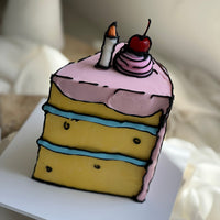 Angled view of an illustrated cartoon slice cake with layered colour blocking and piped outlines