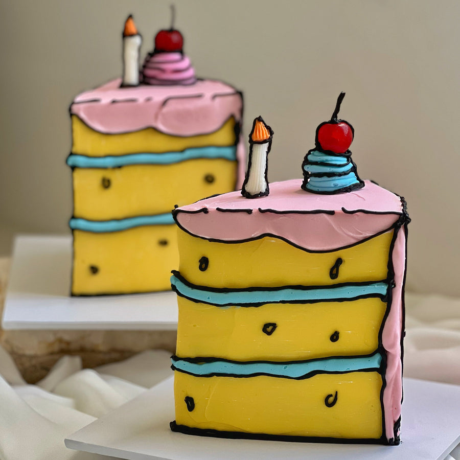 Illustrated cartoon slice cake with bold colours, hand-piped black outlines and sculptural detailing