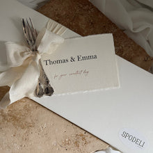 Load image into Gallery viewer, Personalised Spodeli wedding tasting box with vintage silver forks tied with ribbon and a textured place card reading Thomas &amp; Emma for your sweetest day
